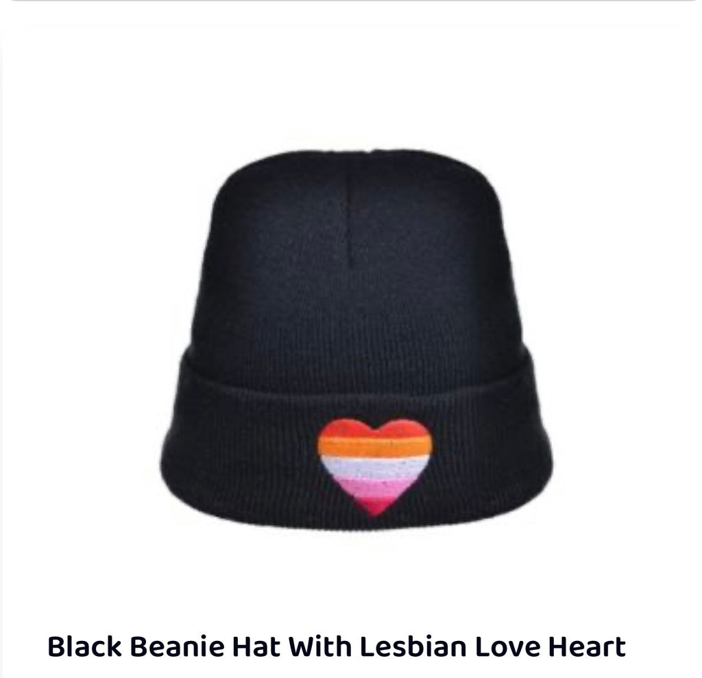 Black Beanie Hat With Lesbian Pride Heart