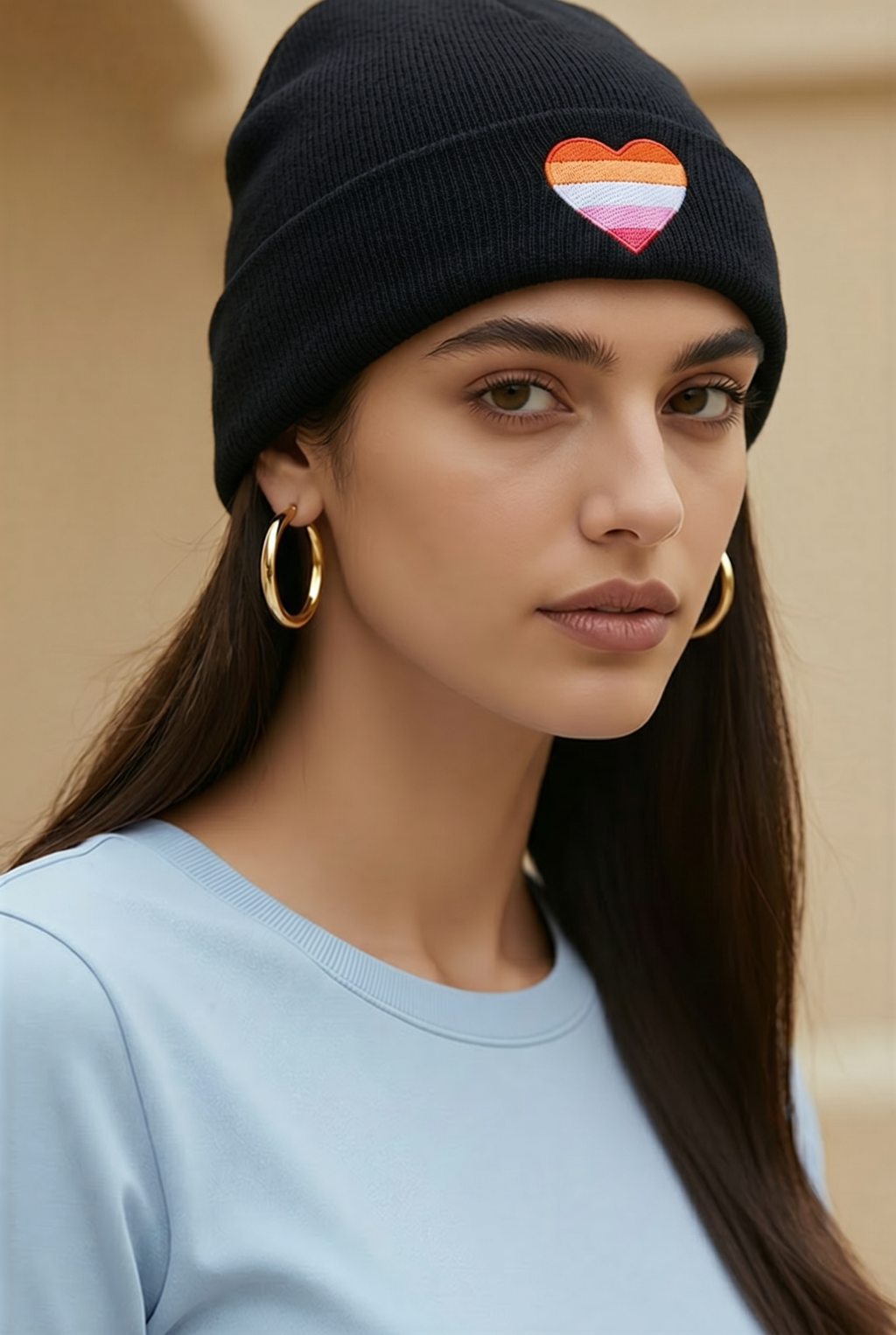 Black Beanie Hat With Lesbian Pride Heart