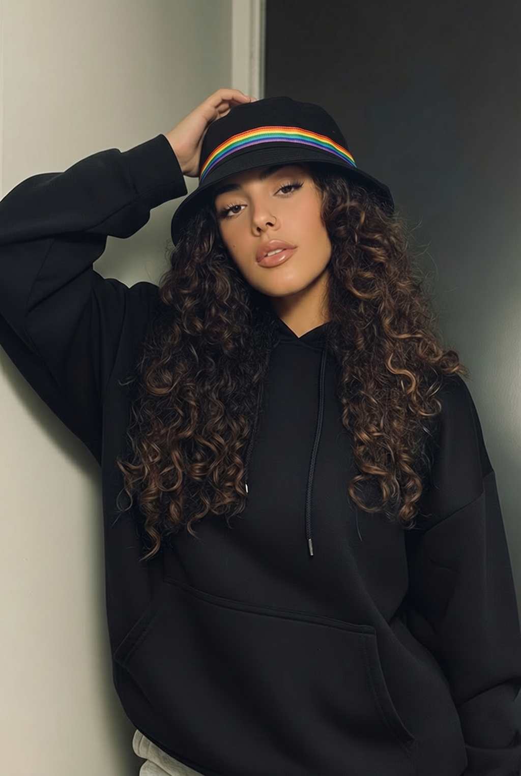 Black Bucket Hat With Rainbow Stripe